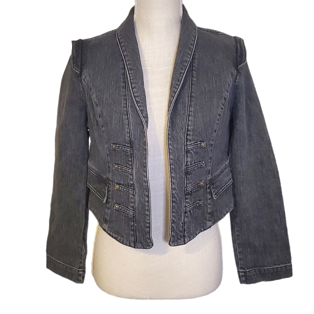 APOSTROPHE | Women's gray stone-washed denim open front jacket.